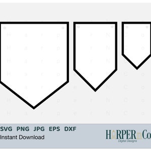 May include: Three black and white baseball pennant shapes, with rounded corners and a pointed bottom. The pennants are different sizes, with the largest on the left and the smallest on the right. The pennants are blank, ready for personalization.