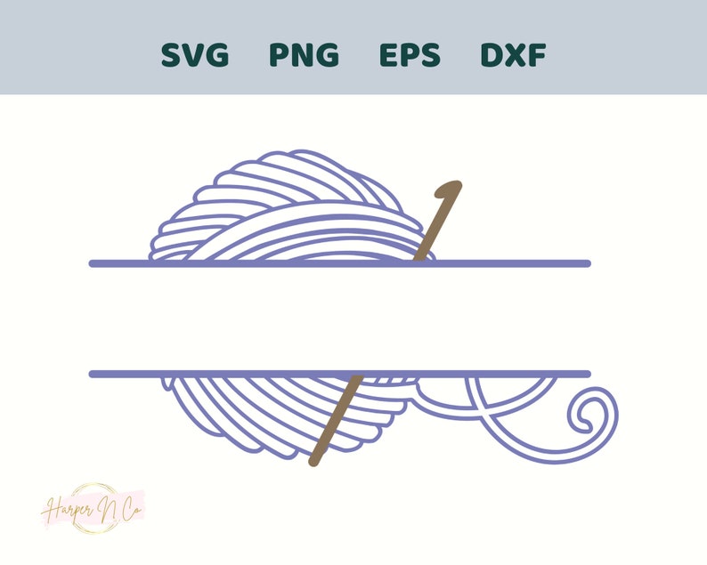 Split Yarn and Crochet Hook SVG, Line Drawing Ball of Yarn Monogram PNG