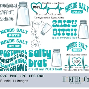 Könnte beinhalten: Ein Set mit 11 digitalen Designs, die Salzstreuer und Text zum Thema Posturales Orthostatisches Tachykardiesyndrom (POTS) zeigen. Der Text enthält Sätze wie "Needs Salt", "Salty Brat" und "Standing is my Cardio".