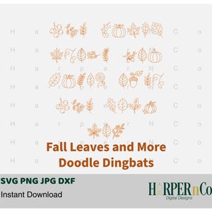 Höstlöv och mer Doodle Dingbats Thanksgiving-typsnitt Höstpysseltypsnitt Roligt typsnittsset OTF-fil pumpor, ekollon, löv, bär, vinrankor