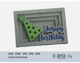 Tarjeta de feliz cumpleaños SVG, tarjeta de sombra de sombrero de fiesta SVG, tarjeta de felicitación 3D SVG, archivo SVG para Silhouette Cricut, tarjeta en capas