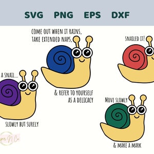 Bundle de dictons escargot drôle, escargot SVG, fichiers coupés en couches pour cricut, silhouette, sublimation PNG, dessins de tshirt, quatre images clipart escargot