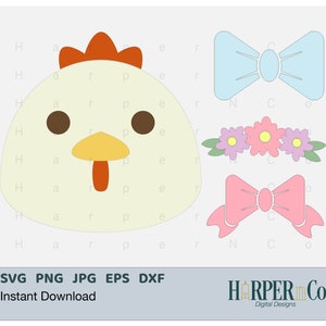 Poulet SVG, Visage de poulet, Fleur, Noeud papillon, Noeud de cheveux, Cricut, silhouette, Fichier coupé, PNG, Clip art, mini bundle, artisanat en papier superposé, mignon