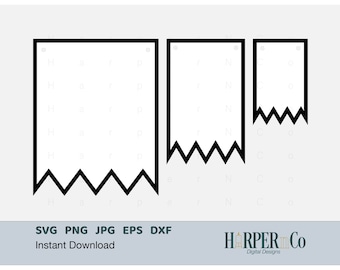 May include: Three black and white printable banner shapes with a jagged bottom edge. The banners are different sizes and are ready to be customised with text or images.