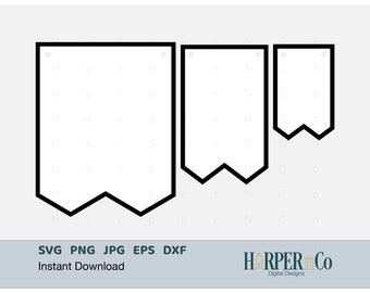 May include: Three black and white printable banner shapes with rounded corners and pointed bottoms. The banners are blank and ready to be customised with text or images. The text "SVG PNG JPG EPS DXF" and "Instant Download" are at the bottom of the image.