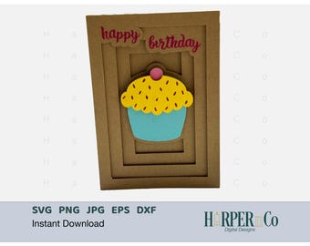 Birthday Cupcake Card SVG 3D Pop Up Layered Card Template DIY Papercut Card SVG Birthday Card Cut File Fun Fold Svg Design Shadow Card