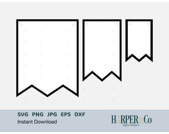 May include: Three black and white banner shapes with rounded corners and a scalloped bottom edge. The banners are blank and ready to be customised.