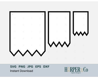 May include: Three black and white printable banner shapes with scalloped edges. The banners are different sizes and have holes punched in the top corners.