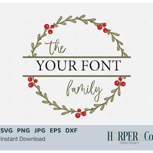 Couronne de Noël personnalisée SVG, nom de famille couper fichier, SVG en couches pour Cricut et Silhouette, sublimation cadeau de Noël PNG Dxf Eps