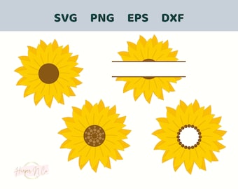 May include: Four digital cut files of sunflowers. The first sunflower is a solid sunflower. The second sunflower has a split in the middle for adding text. The third sunflower has a detailed center. The fourth sunflower has a circle in the center for adding text.
