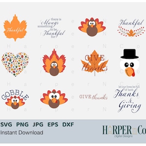 Thanksgiving SVG Bundle, Fall Pumpkin, Turkey, Thankful and Gobble Designs, Cricut and Silhouette Cut Files, PNG, SVG, Dxf for Sublimation