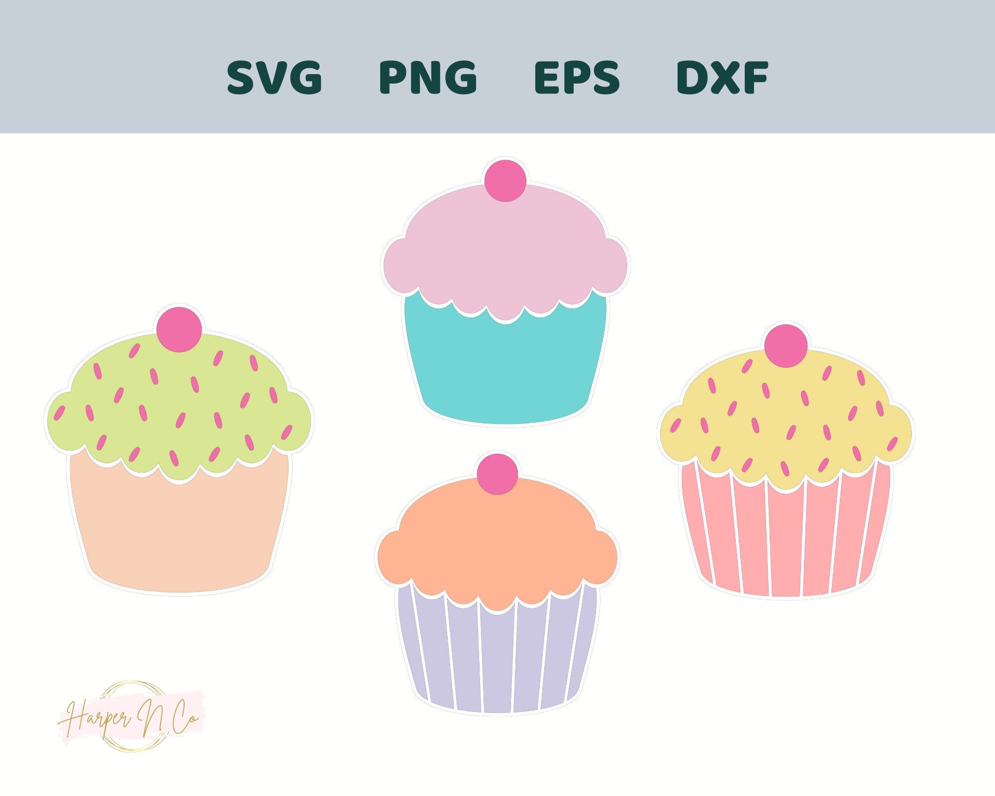 Cupcake SVG Bundle, 4 Cupcake Designs, With Sprinkles, Striped Wrapper
