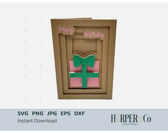 Tarjeta 3D de feliz cumpleaños SVG, caja de sombra, archivo de corte en capas SVG para Cricut y Silhouette, paquete de regalo, plantilla de papel SVG