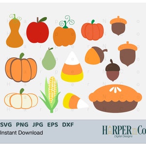 Pacote SVG de outono, arquivos de corte de abóbora, maçã, bolota, torta e milho doce para Cricut e Silhouette, conjunto SVG de colheita de outono, clipart de Ação de Graças