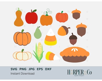May include: A set of 14 autumn-themed digital clipart images. The images include pumpkins, gourds, apples, acorns, corn, candy corn, a pear, and a pie. The images are in a cartoon style and are perfect for use in crafting projects, scrapbooking, or digital design.