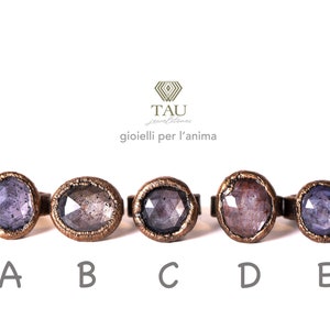 May include: Five rings with different colored gemstones set in bronze settings. The rings are labeled A through E.