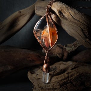 Copper pendant necklace with feathered quartz and rock crystal. unique piece, handmade, gift for her. Author&#39;s craftsmanship.