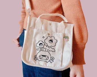Cartoon Style White Canvas Tote Bag | Embroidered Flower Cute Tote Bag | Eco-Friendly Tote Bag | Back to School Tote Bag | Lunch Bag