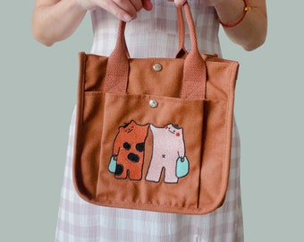 Embroidered Cat & Tiger Tote Bag,Cute Brown Canvas Lunch Bag,Stylish Art Supply Tote,Crossbody or Hand Bag,Custom Pins Charms Available