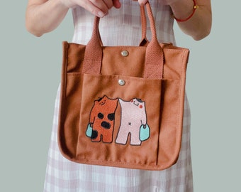 Tiger and Cat Canvas Tote Bag | Embroidered Tote Bag | Eco-Friendly Tote Bag | Back to School Tote Bag | Lunch Bag