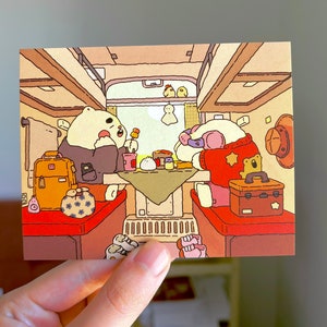 Impression d'art en train ours et lapin | Impression d'art kawaii mignonne | postale de lapin | Poster ours | Impression d'art animal mignon