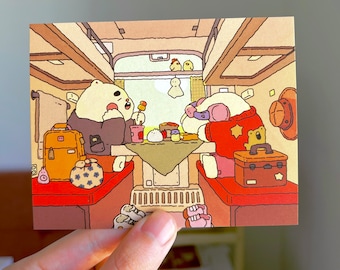 Kawaii Bear and Bunny Train Ride Art Print