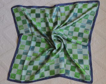Green Geometric Mulberry Silk Scarf,  Vintage Inspired Checkered Landscaping Art Neck Scarf, Bandana, Head Wrap (25.5 x 25.5 inches)