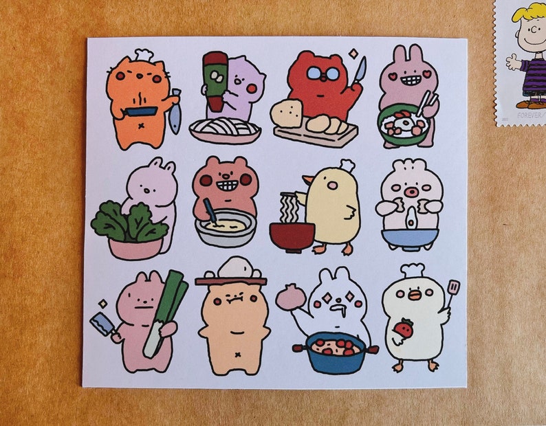 Cartoon Cooking Animals Art Print | Digital Illustration | Kawaii Art Print | Cute Foodie Gift | Card Stock Paper image 2