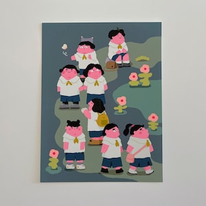Impressão de arte retrô colorida - Dia escolar | Impressão de arte kawaii | Cartão postal kawaii | Impressão de arte colorida estética | Decoração de parede fofa