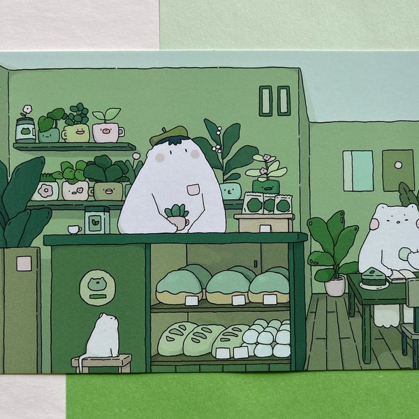Impressão artística Kawaii de um café Matcha | Arte estética de sobremesa asiática | Matcha Latte, bolo, café | Arte de parede para amantes de Matcha (4x6, 5x7, 8x10)