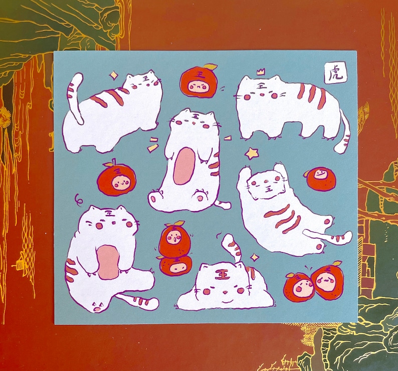 Tiger Katze Kunstdruck Ästhetische Kawaii Kunst auf Kartenpapier Niedliche Postkarte im Anime-Stil Asiatischer Kunstdruck Kawaii Kunstwerk Bild 1