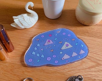 Illustrated Acrylic Blue Trinket Dish | Irregular Shaped Resin Coaster