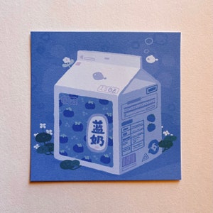 Blueberry Milk Art Print | Cute Asian Food Art Print | Aesthetic Asian Snack Art on Card Stock Paper |  Stationary | Postcard
