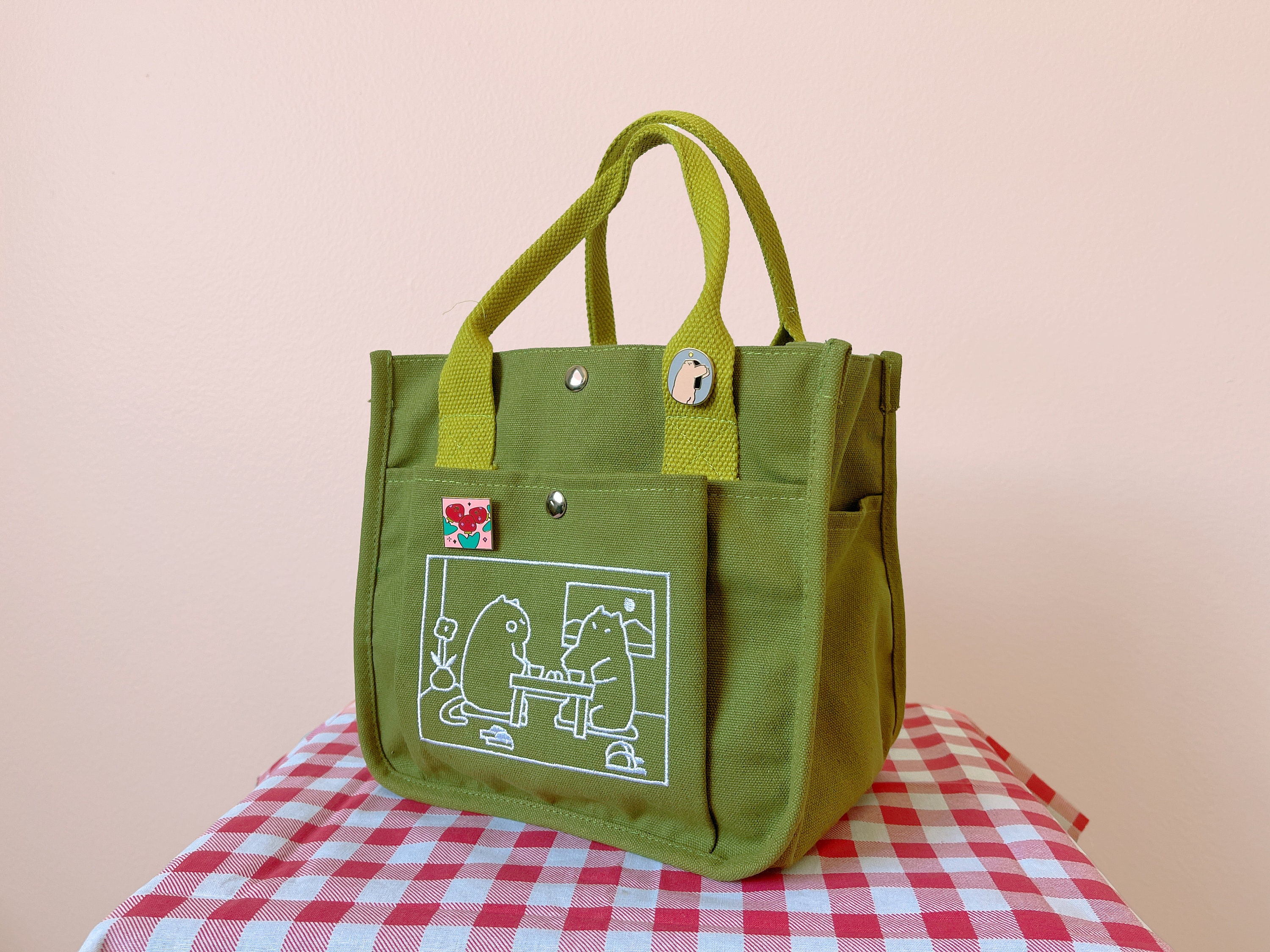 Matcha Canvas Tote Bag，Embroidered Cute Cat Design Totebag, Everyday handbag, Versatile Lunch Bag or Art Supplies Carrier, Kawaii School Bag