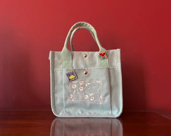 Embroidered Teal Canvas Tote Bag: Kawaii Cloud Design handbag, Crossbody bag
