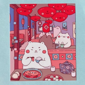 Ours blanc dans une impression d'art de restaurant | Art kawaii mignon | Art mural cuisine chinoise | Poster mignon
