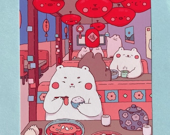 White Bear in Lantern Restaurant Art Print | Cute Kawaii Art | Chinese Food Wall Art | Cute Poster