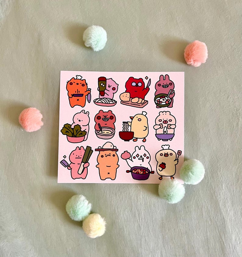 Cartoon Cooking Animals Art Print | Digital Illustration | Kawaii Art Print | Cute Foodie Gift | Card Stock Paper image 1