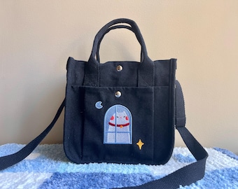 Embroidered Cat Tote Bag: Kawaii Black Canvas Handbag with Strap