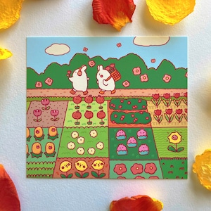 Impresión artística de un conejito feliz recogiendo flores / Postal kawaii / Decoración de pared colorida y estética linda / Adorable obra de arte de conejito