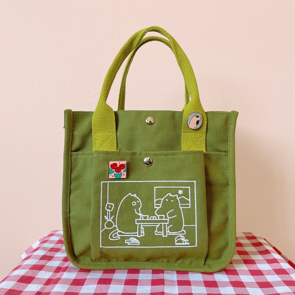 Matcha Canvas Einkaufstasche | Bestickte süße Katzen-Einkaufstasche | Umweltfreundliche Einkaufstasche | Zurück zur Schule Einkaufstasche | Lunchpaket
