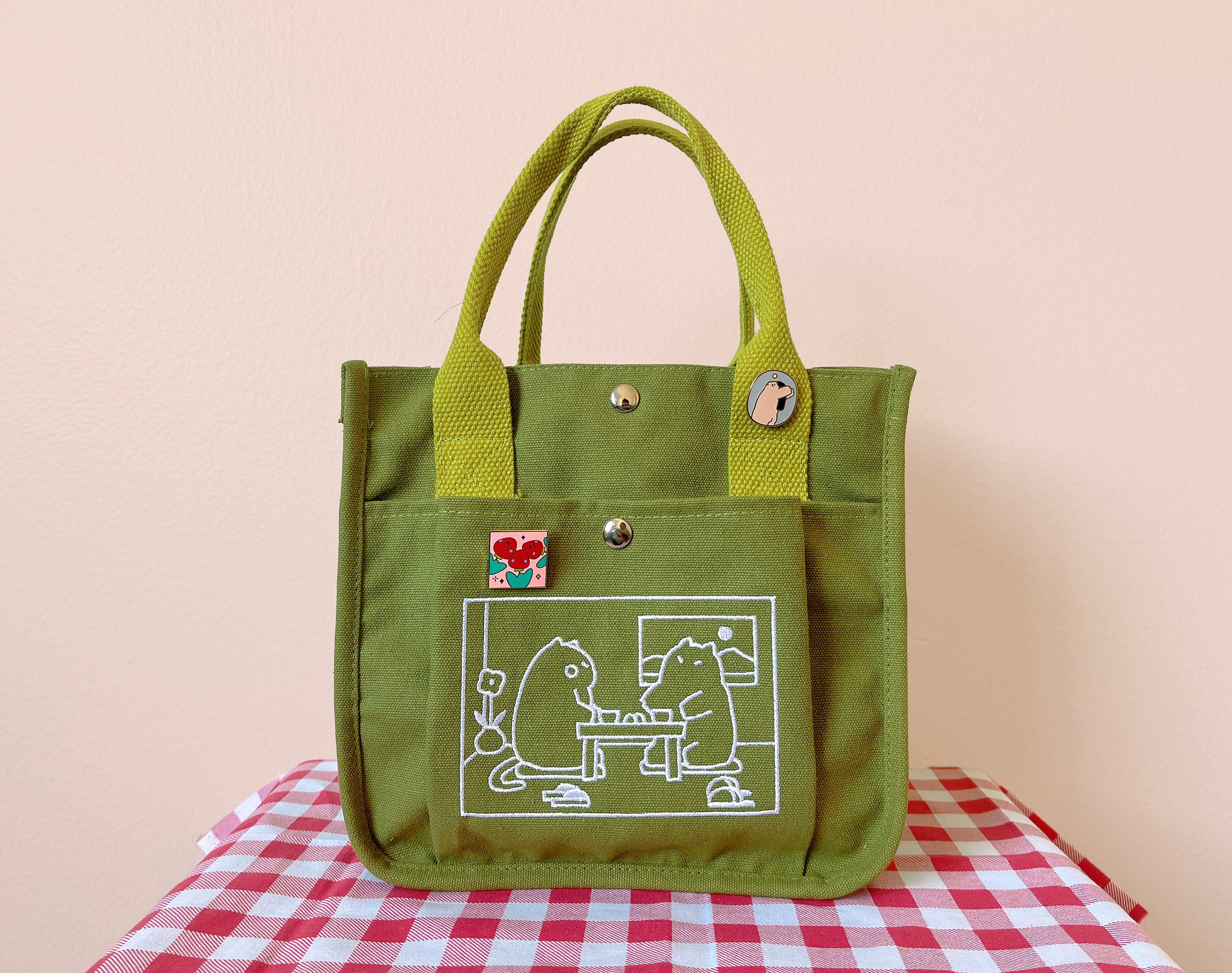 Matcha Canvas Tote Bag，Embroidered Cute Cat Design Totebag, Everyday handbag, Versatile Lunch Bag or Art Supplies Carrier, Kawaii School Bag