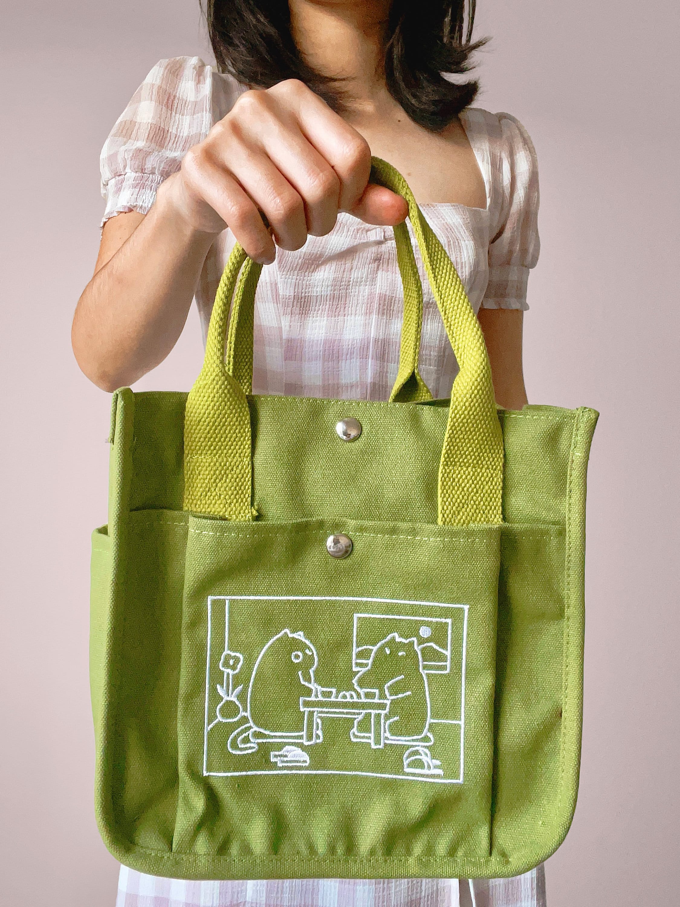 Matcha Canvas Tote Bag，Embroidered Cute Cat Design Totebag, Everyday handbag, Versatile Lunch Bag or Art Supplies Carrier, Kawaii School Bag
