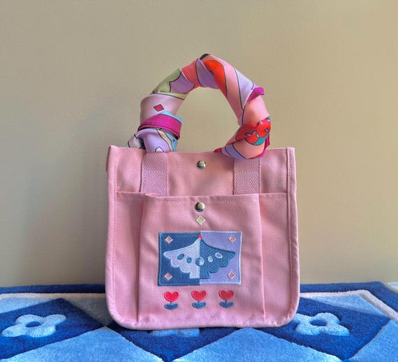 Embroidered Bird Canvas Tote Bag: Kawaii Pink Lunch Bag