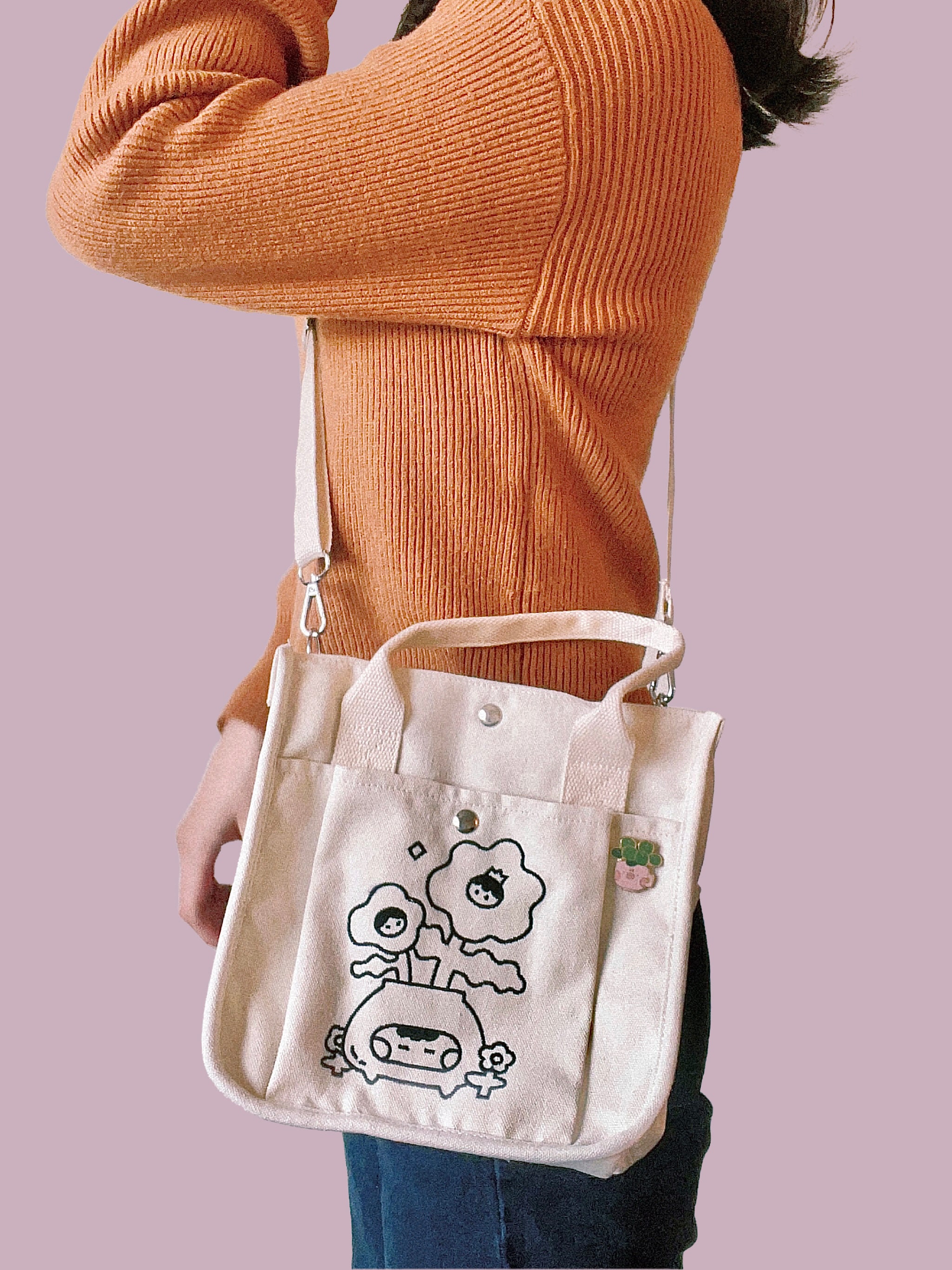 Embroidered Canvas Tote Bag: Cartoon Flower Design