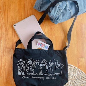 Clown University Messenger Bag | Minimalistic Tote | Durable Cartoon Style Canvas Bag with Zipper and Pocket| Black Laptop Bag |Cute Totebag
