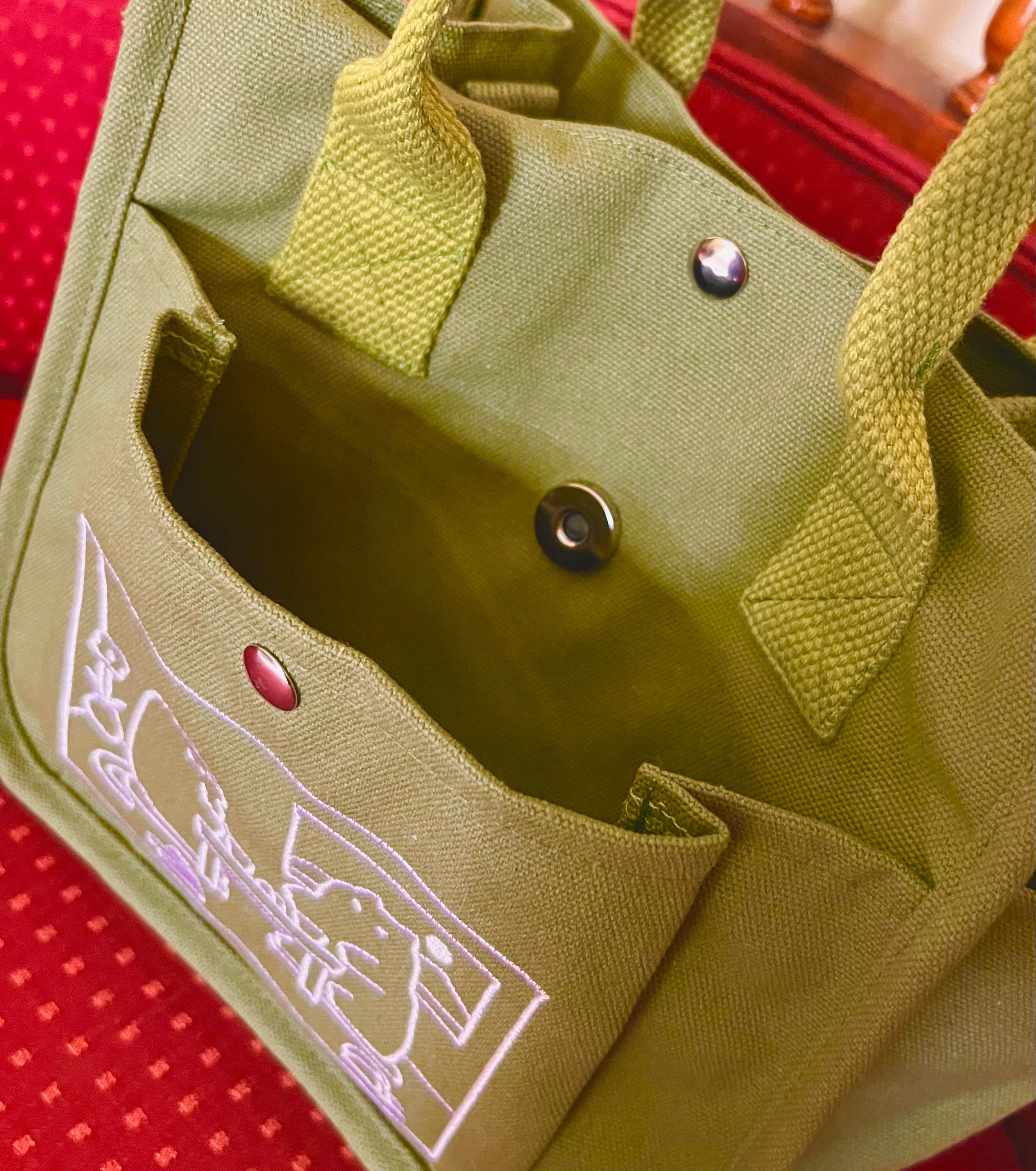 Matcha Canvas Tote Bag，Embroidered Cute Cat Design Totebag, Everyday handbag, Versatile Lunch Bag or Art Supplies Carrier, Kawaii School Bag