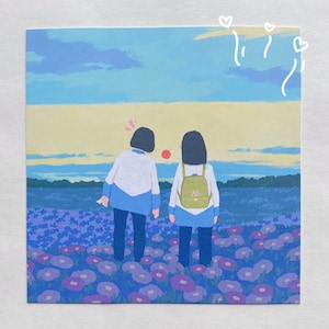 Estudantes em Flower Field Art Print | Mini pôster estético de anime | Decoração de parede asiática 4x4 colorida e lofi | Presente para amigo da escola