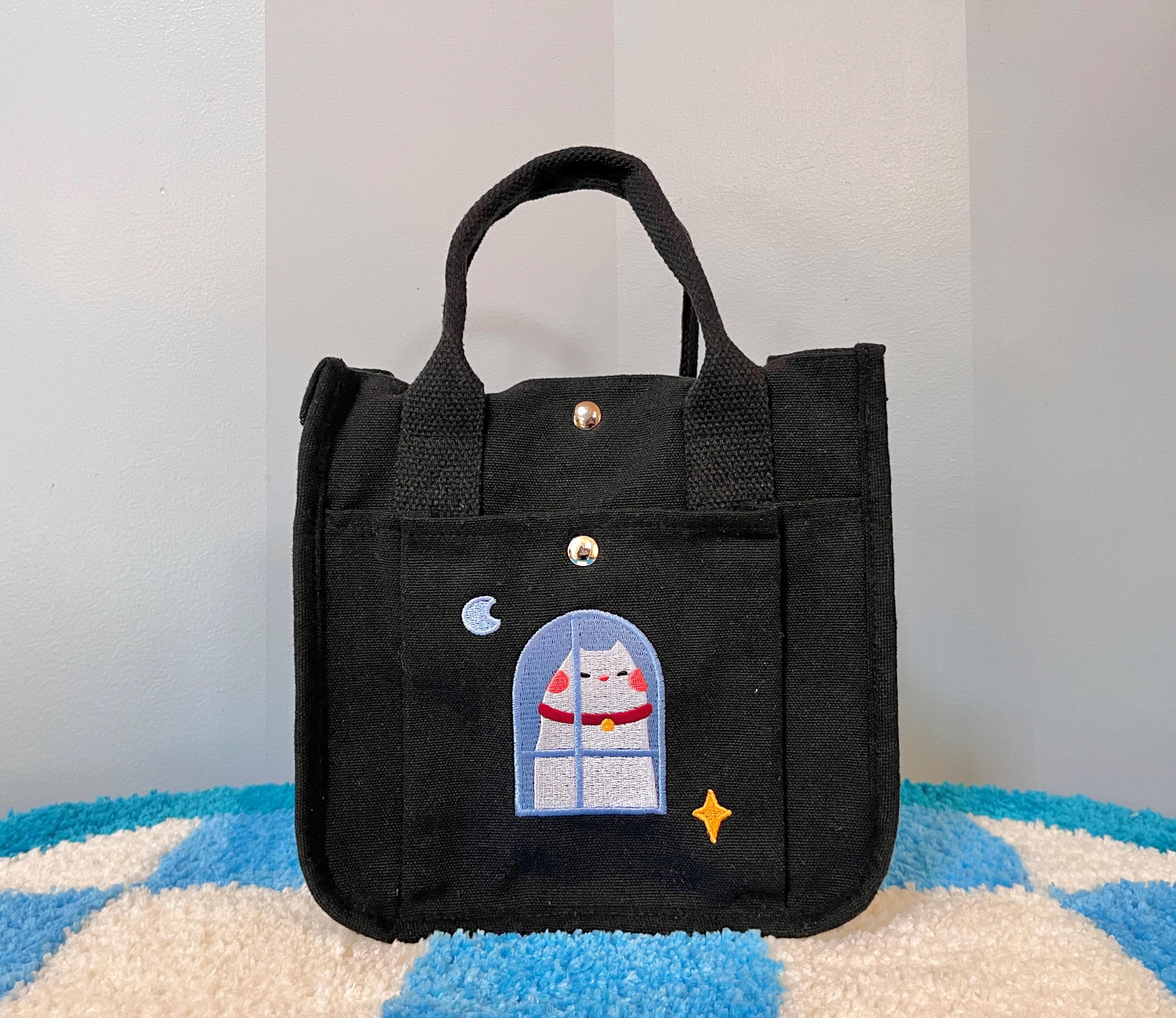 Embroidered White Cat Tote Bag: Kawaii Canvas Handbag，Lunch Bag