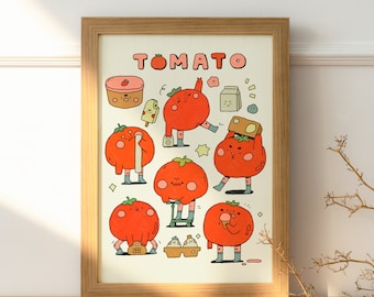Grocery Shopping Tomato Poster | Retro Aesthetic Wall Art | Cute Anime Style Poster | Fun Kitchen Decor | Cartoon Snack Lover Poster